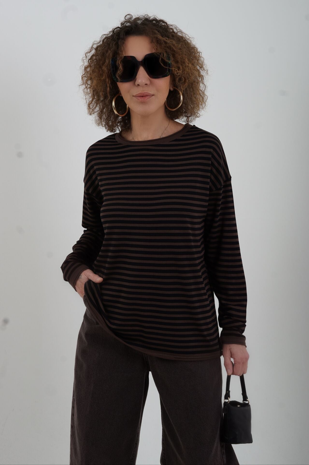 Kahve Siyah Bisiklet Yaka İnce Çizgili Kazak