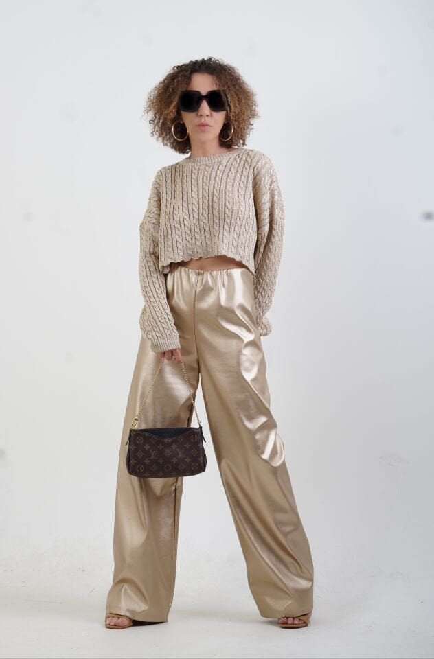 Gold Varak Beli Lastikli Bol Paça Pantolon