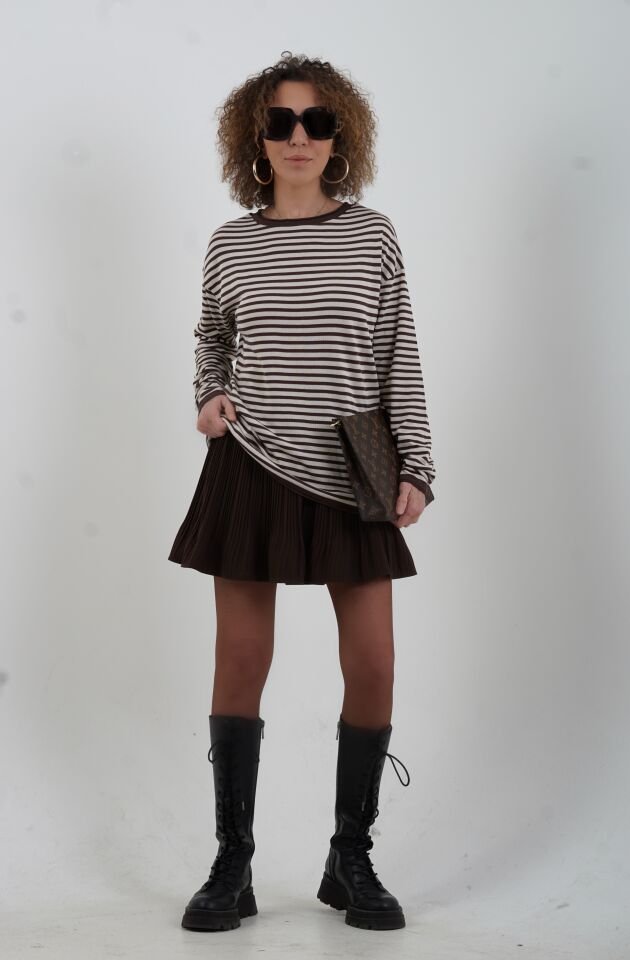 Kahve Bej Bisiklet Yaka İnce Çizgili Kazak