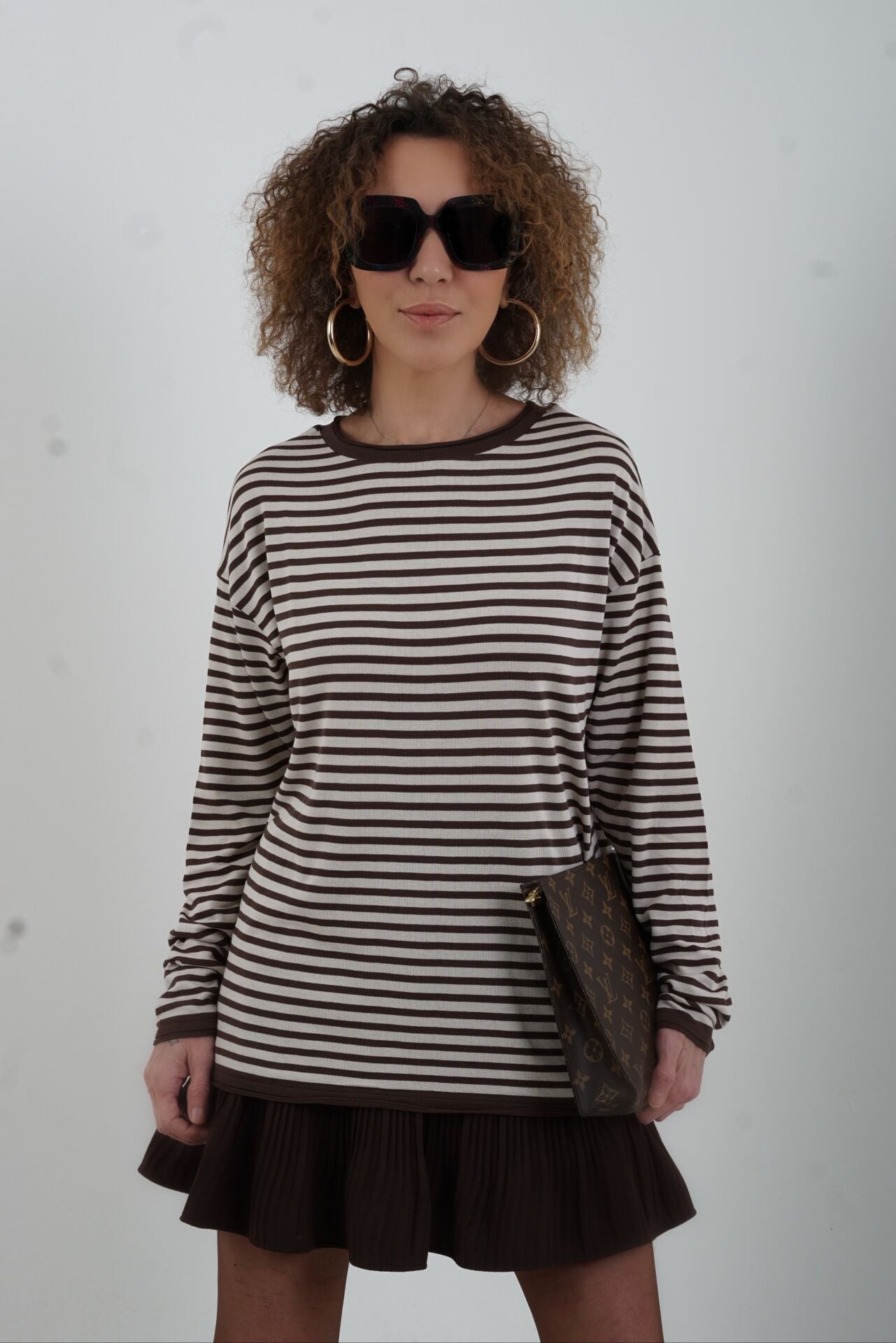 Kahve Bej Bisiklet Yaka İnce Çizgili Kazak