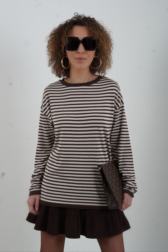 Kahve Bej Bisiklet Yaka İnce Çizgili Kazak