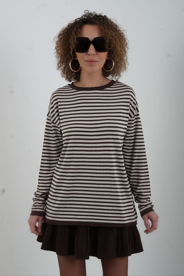 Kahve Bej Bisiklet Yaka İnce Çizgili Kazak