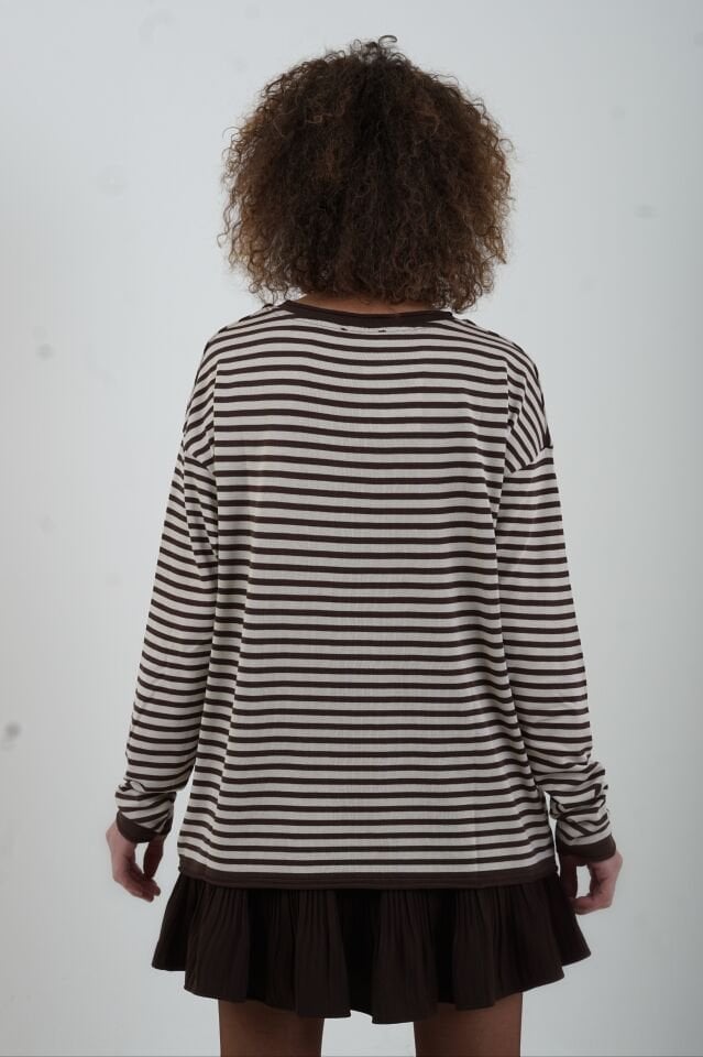 Kahve Bej Bisiklet Yaka İnce Çizgili Kazak