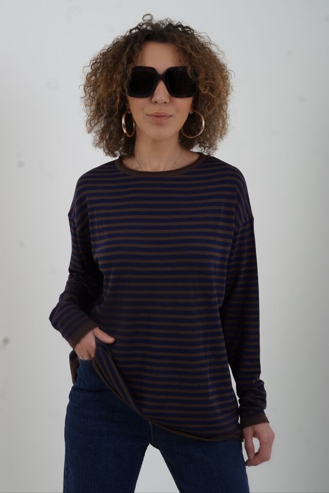 Kahve Lacivert Bisiklet Yaka İnce Çizgili Kazak