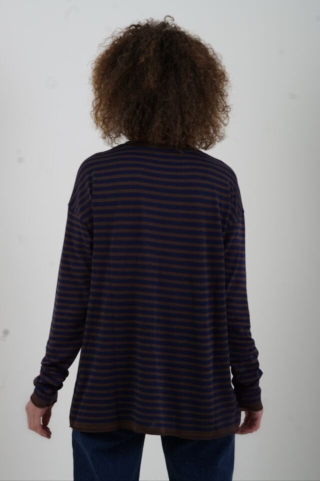 Kahve Lacivert Bisiklet Yaka İnce Çizgili Kazak