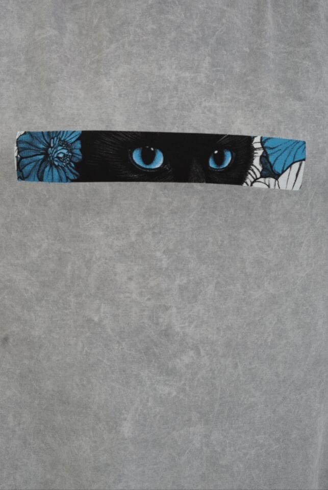 Gri Kedi Göz Baskılı Soluk Efektli Oversize Tshirt