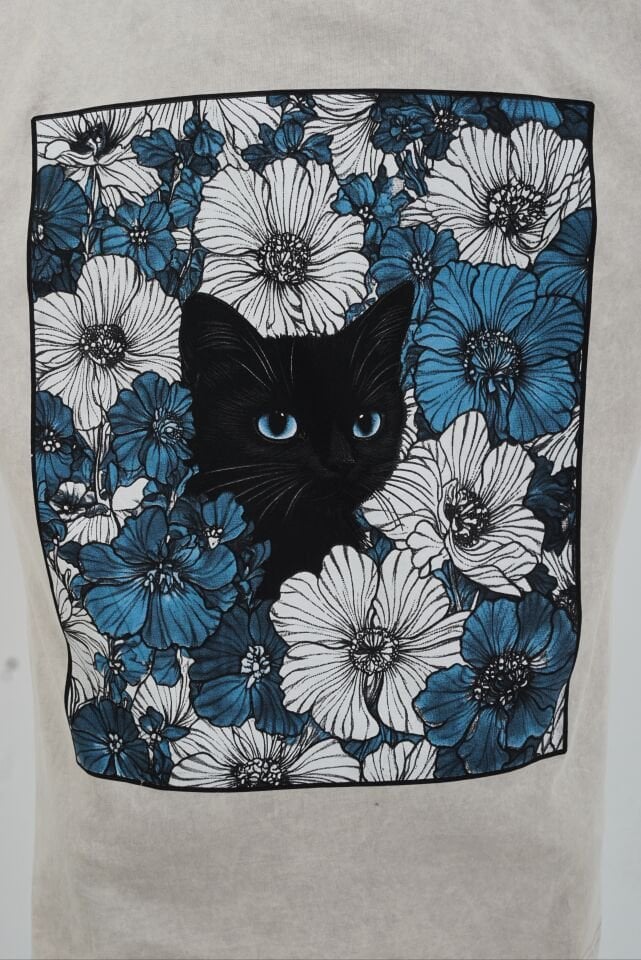 Taş Kedi Göz Baskılı Soluk Efektli Oversize Tshirt