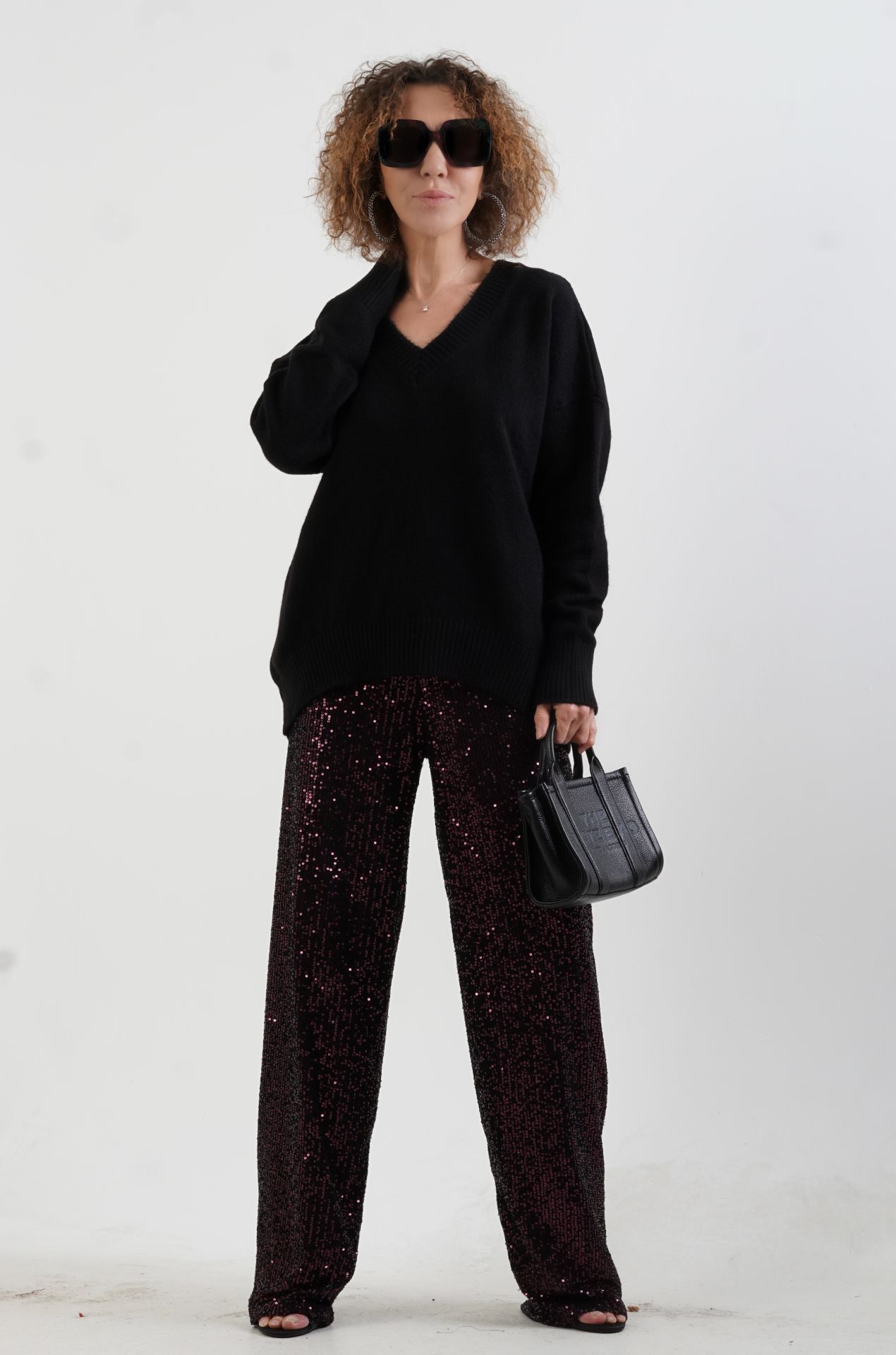 Bordo  Pul Payetli Bol Paça Pantolon