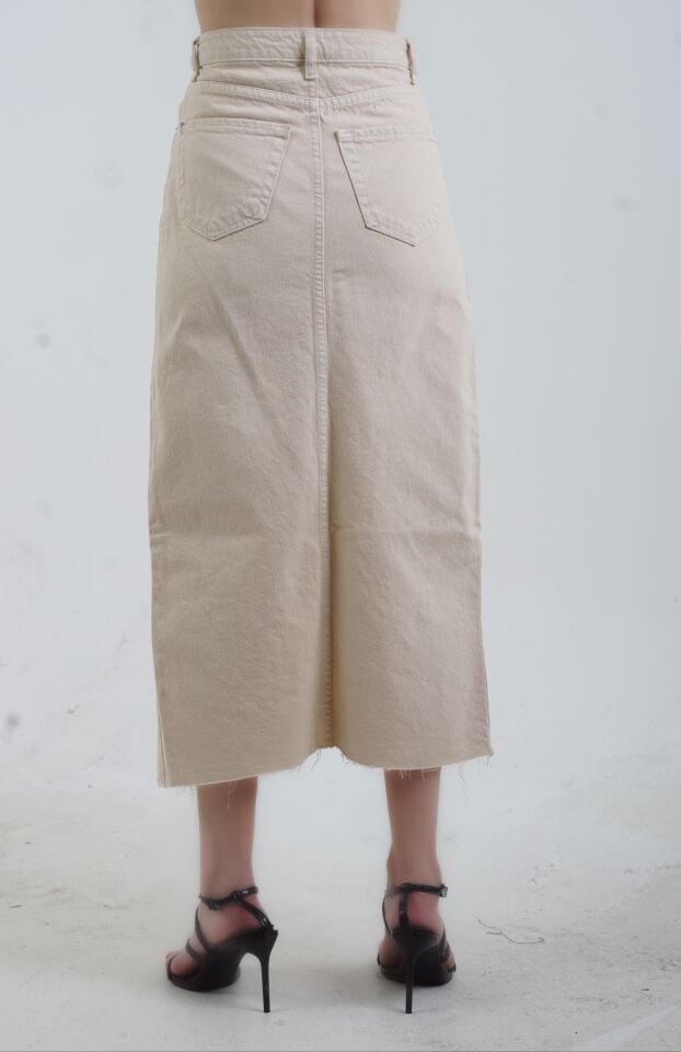 Bej Önü Yırtmaçlı Midi Denim Etek