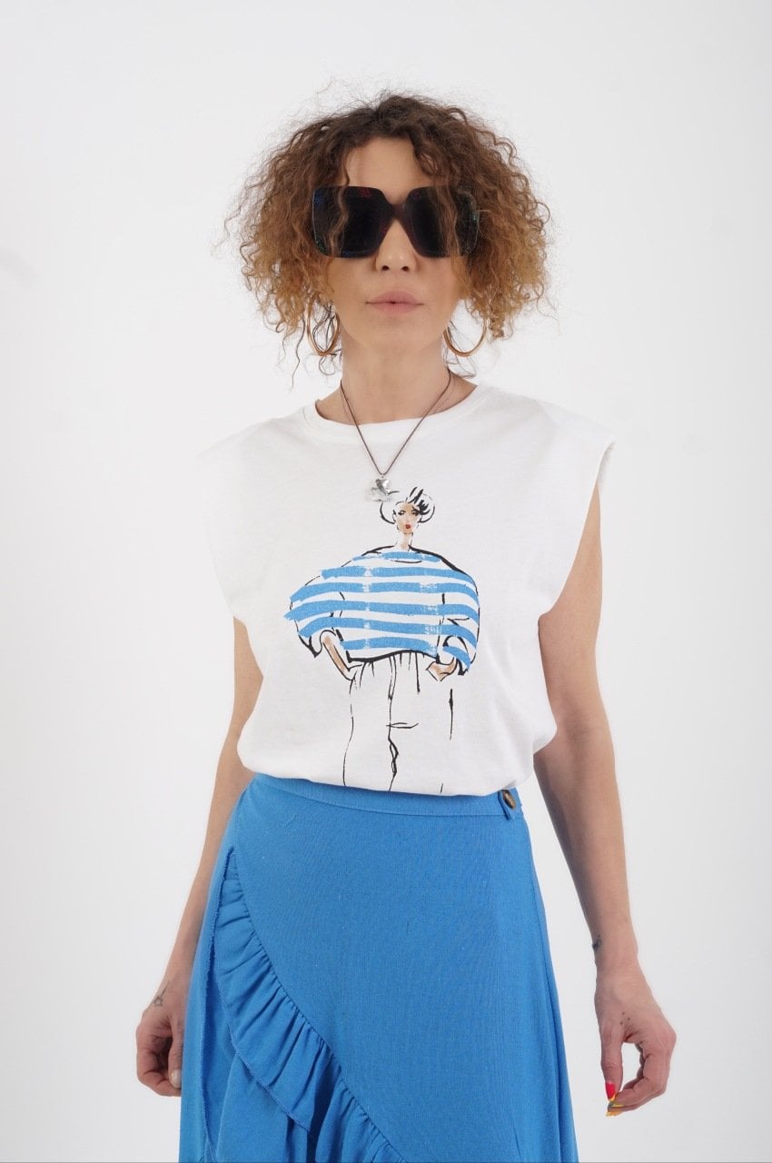 İndigo  Kız Baskılı Kolsuz Vatkalı Tshirt