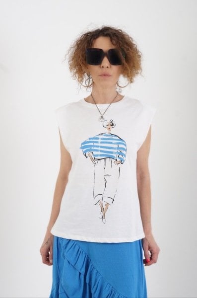 İndigo  Kız Baskılı Kolsuz Vatkalı Tshirt