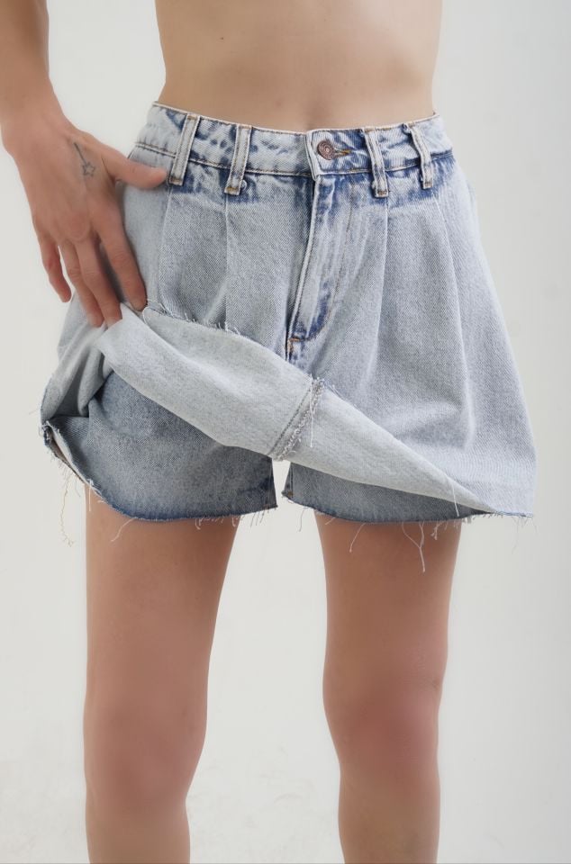 Mavi Pileli Denim Şort Etek