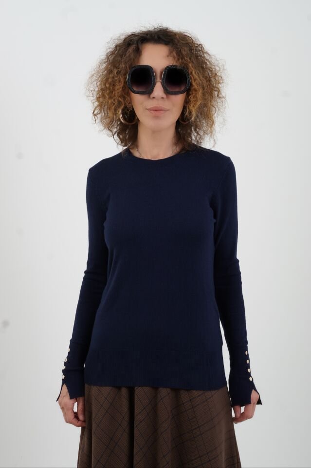 Lacivert O Yaka Kolu Droplu Kazak