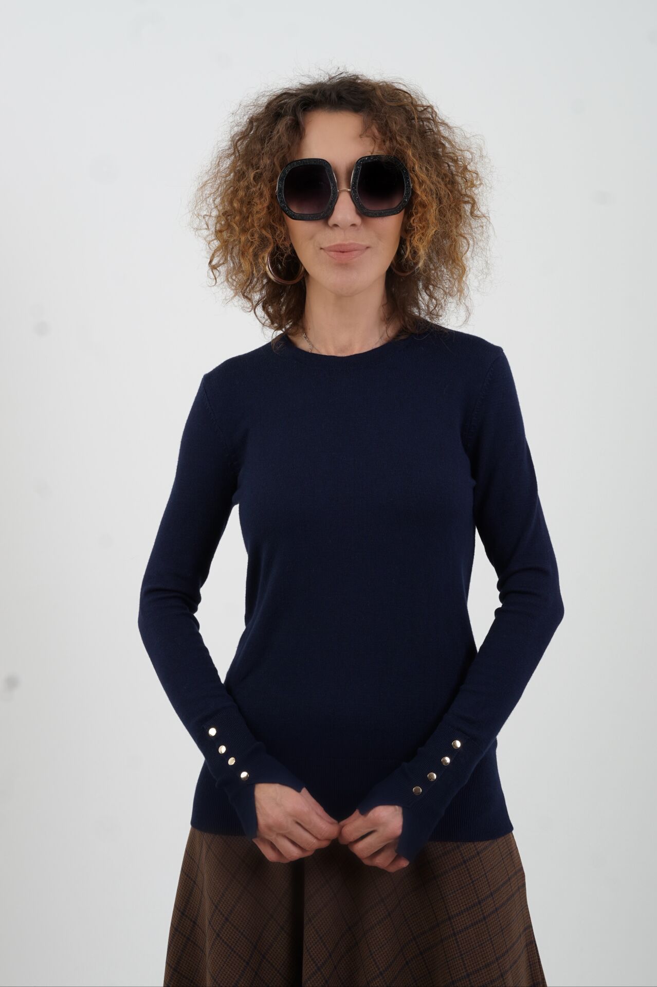 Lacivert O Yaka Kolu Droplu Kazak