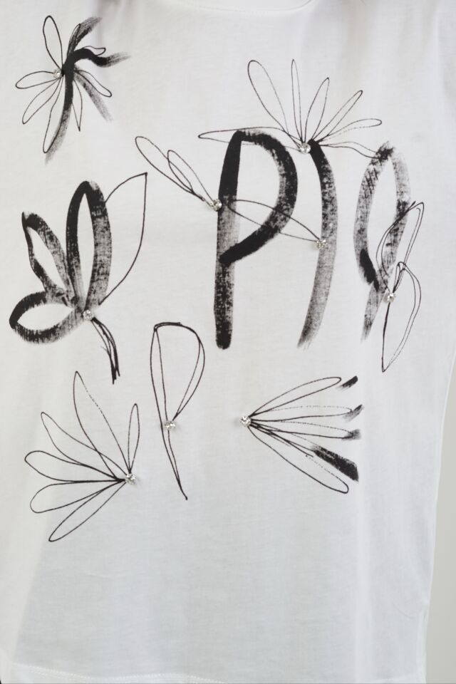 Ekru Taşlı Çiçek Baskılı Tshirt