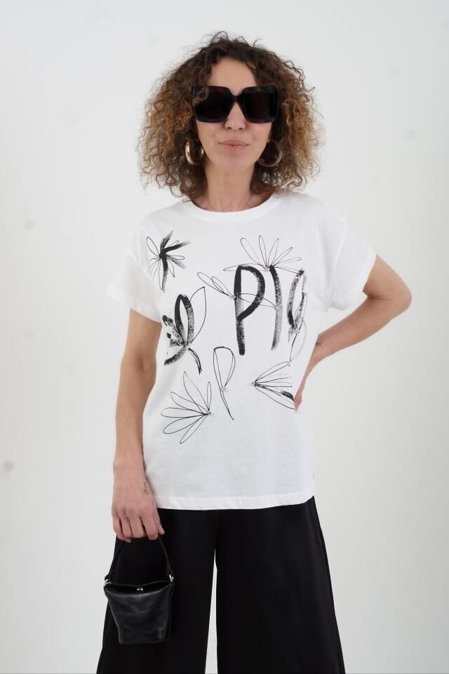 Ekru Taşlı Çiçek Baskılı Tshirt