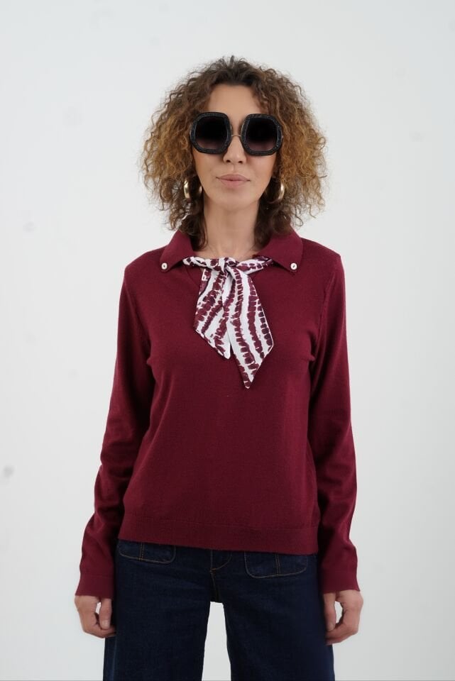 Bordo Polo Yaka Fularlı Uzun Kol Kazak