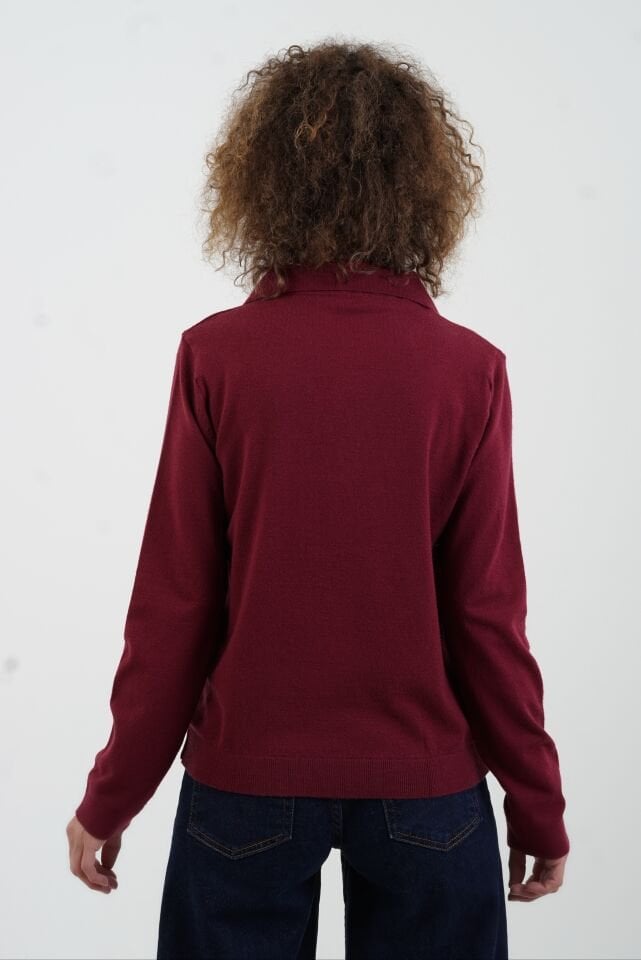 Bordo Polo Yaka Fularlı Uzun Kol Kazak