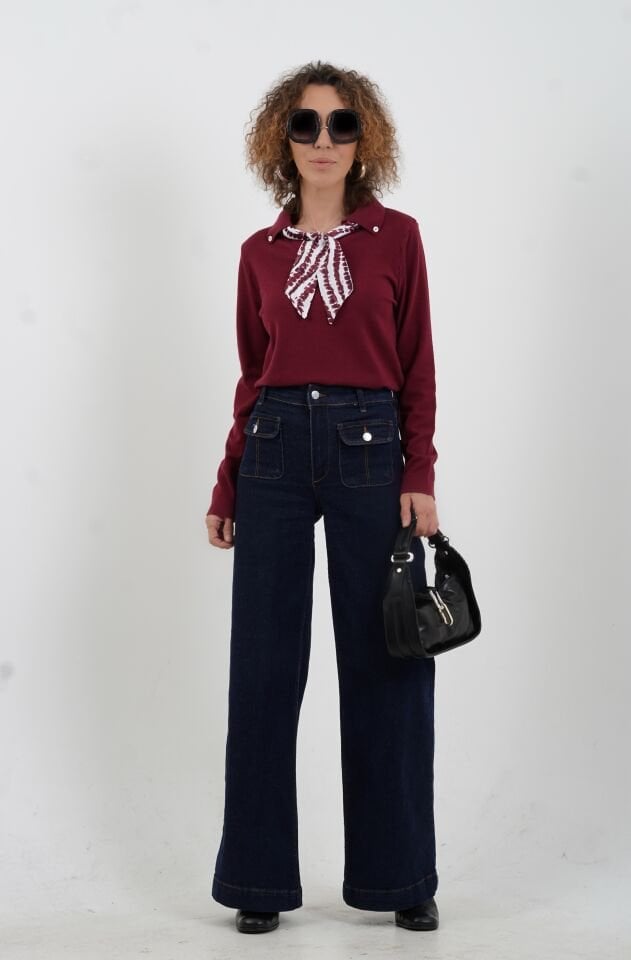 Bordo Polo Yaka Fularlı Uzun Kol Kazak