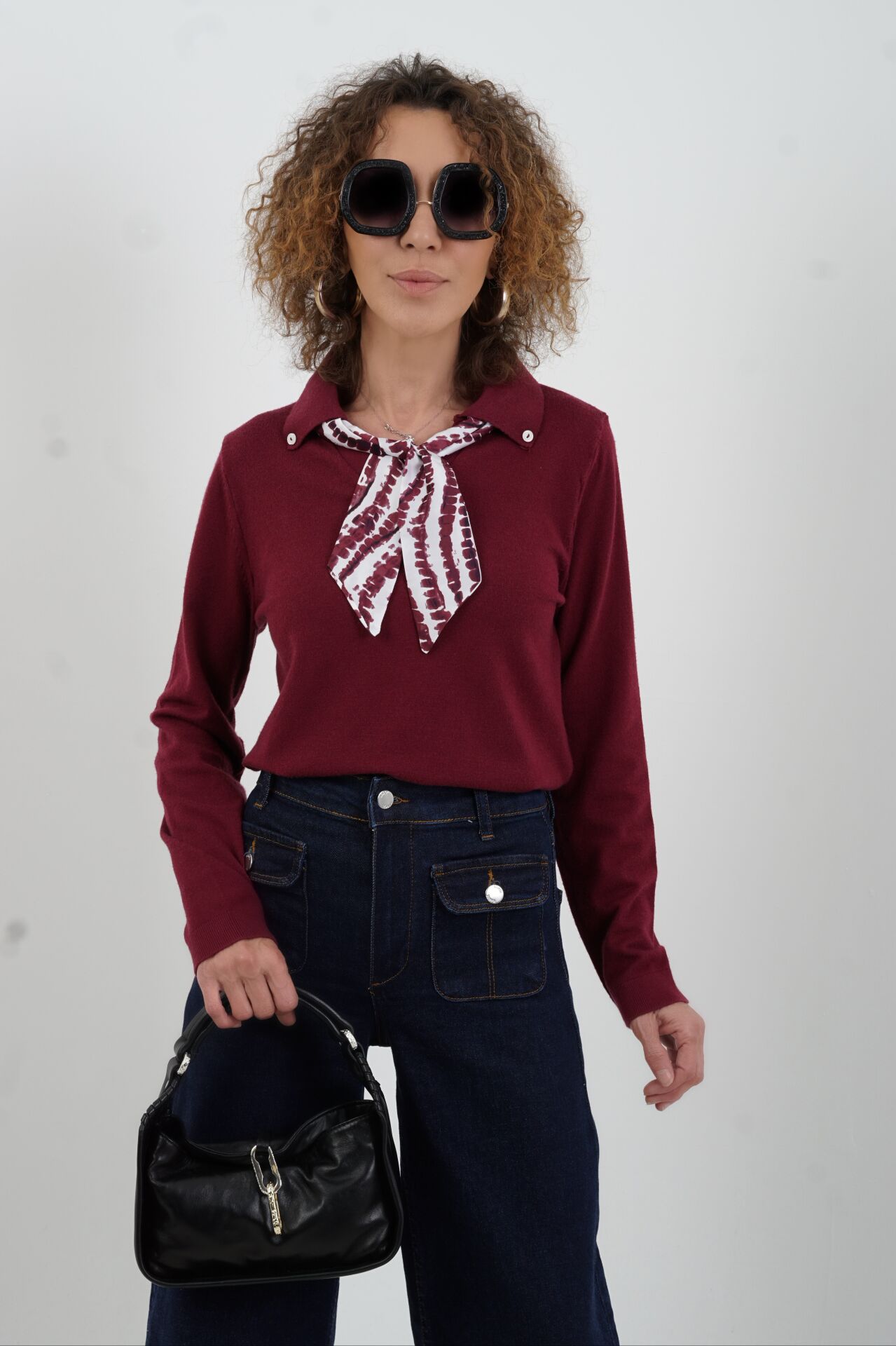 Bordo Polo Yaka Fularlı Uzun Kol Kazak