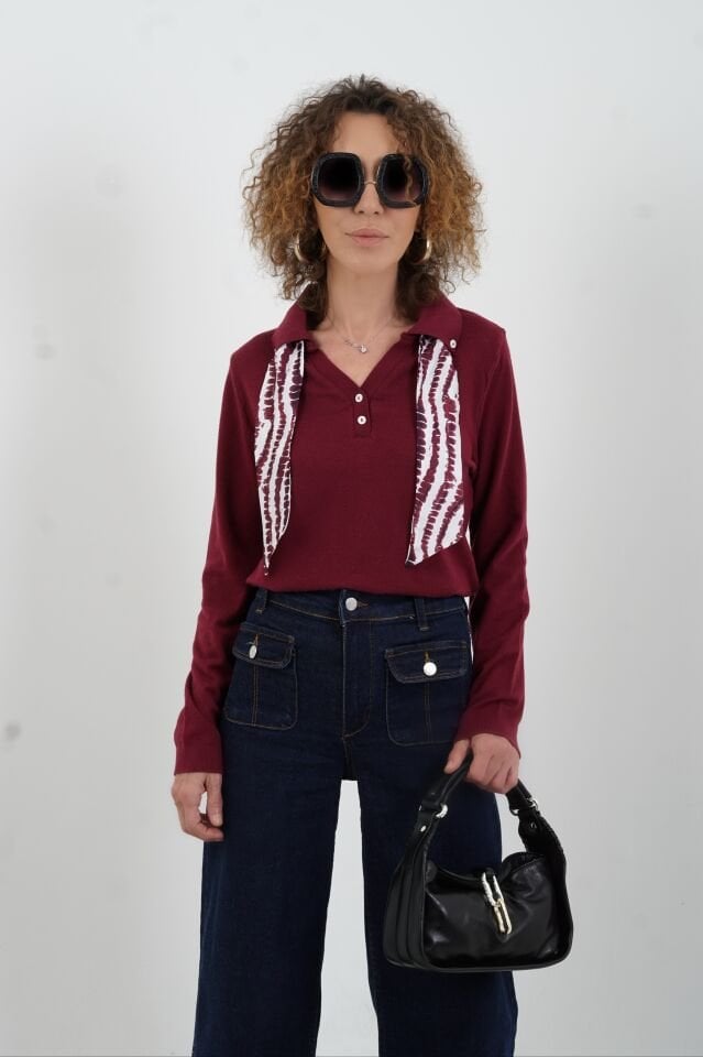 Bordo Polo Yaka Fularlı Uzun Kol Kazak