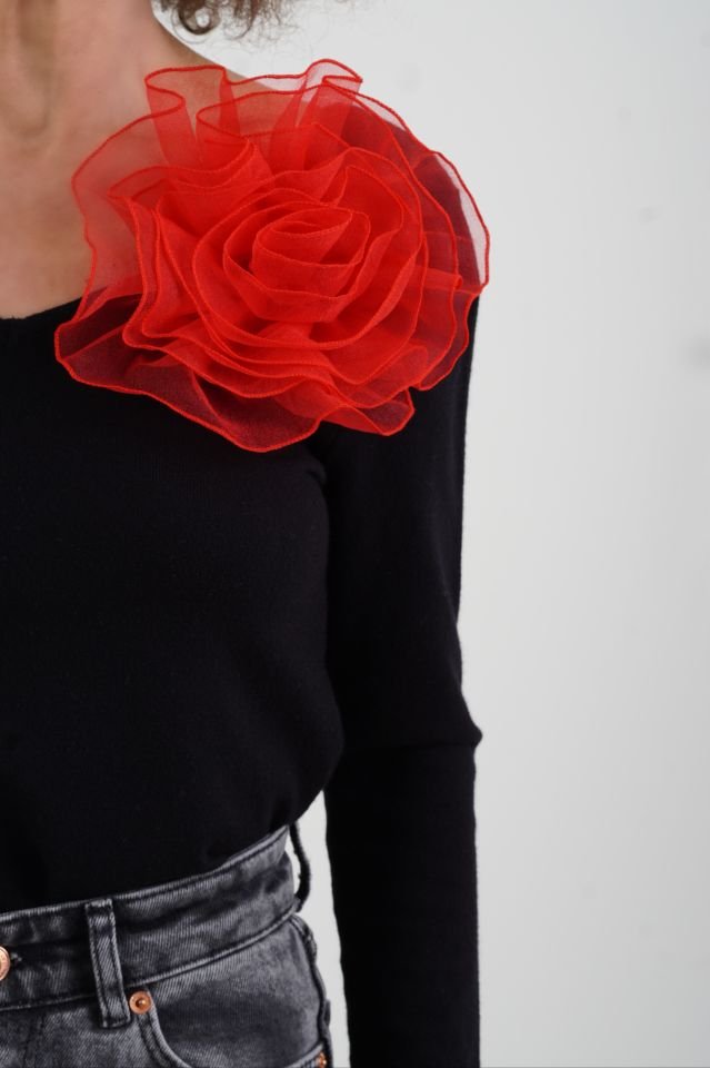 Kırmızı Organza Çiçek Broş