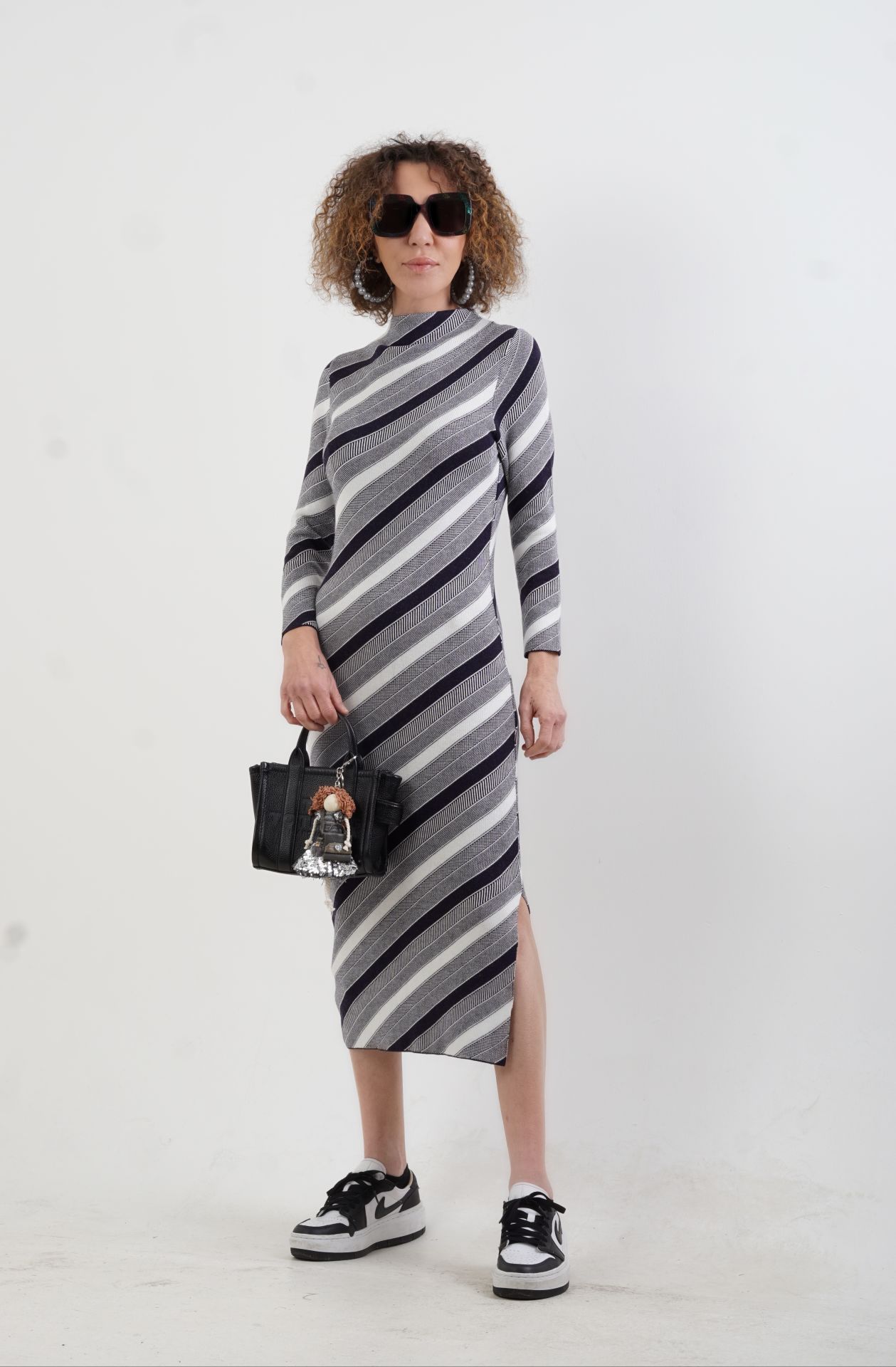 Diagonal Çizgili Triko Elbise