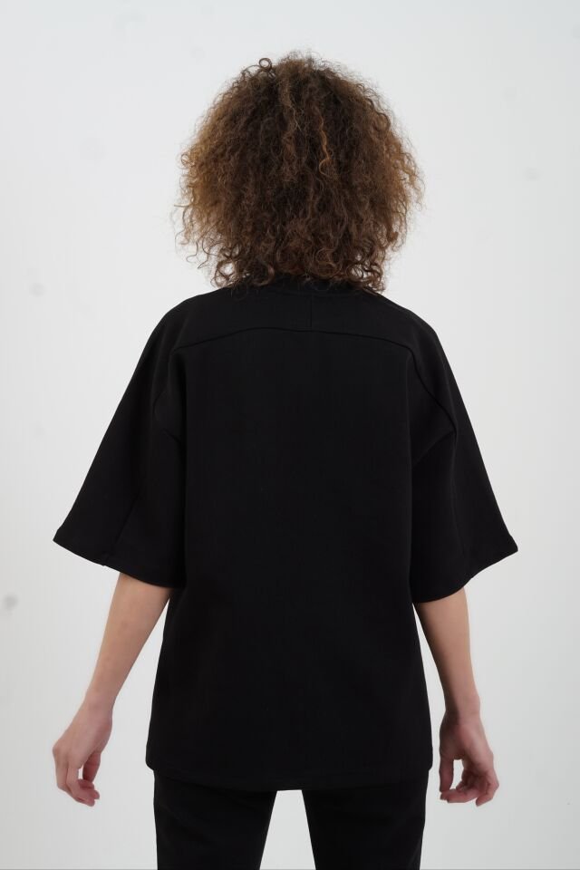Siyah Kısa Kollu Oversize Tshirt Dikiş Detaylı Pantolon Takım
