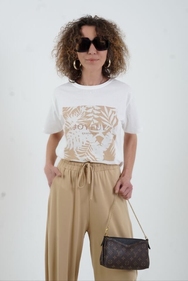 Ekru Bej Joyful Baskılı Tshirt