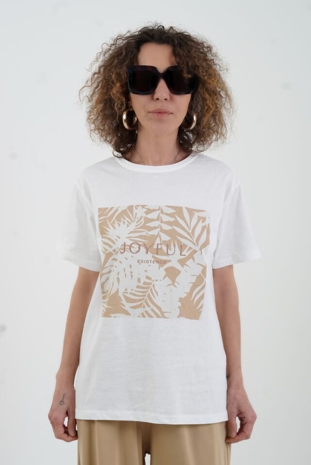 Ekru Bej Joyful Baskılı Tshirt
