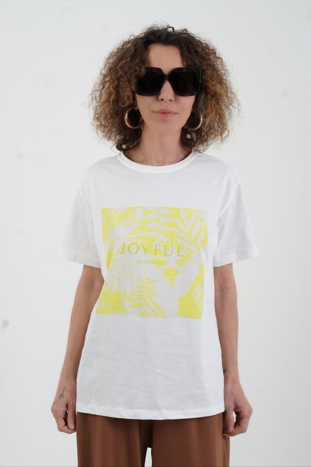 Ekru Sarı Joyful Baskılı Tshirt