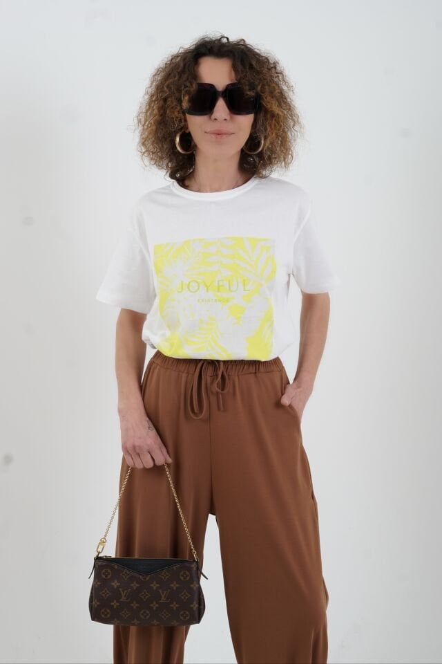 Ekru Sarı Joyful Baskılı Tshirt