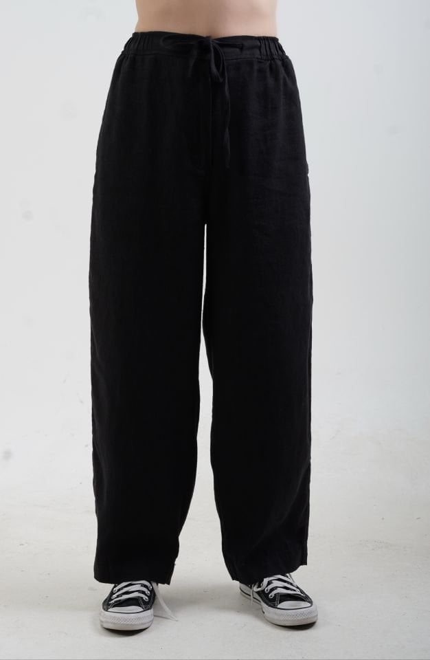 Siyah Naturel Keten Beli Bağcıklı Pantolon