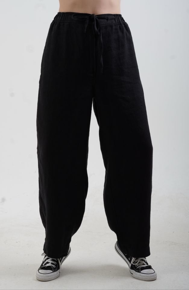 Siyah Naturel Keten Beli Bağcıklı Pantolon