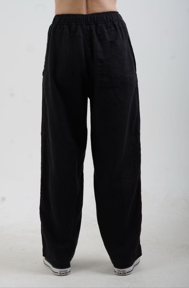 Siyah Naturel Keten Beli Bağcıklı Pantolon