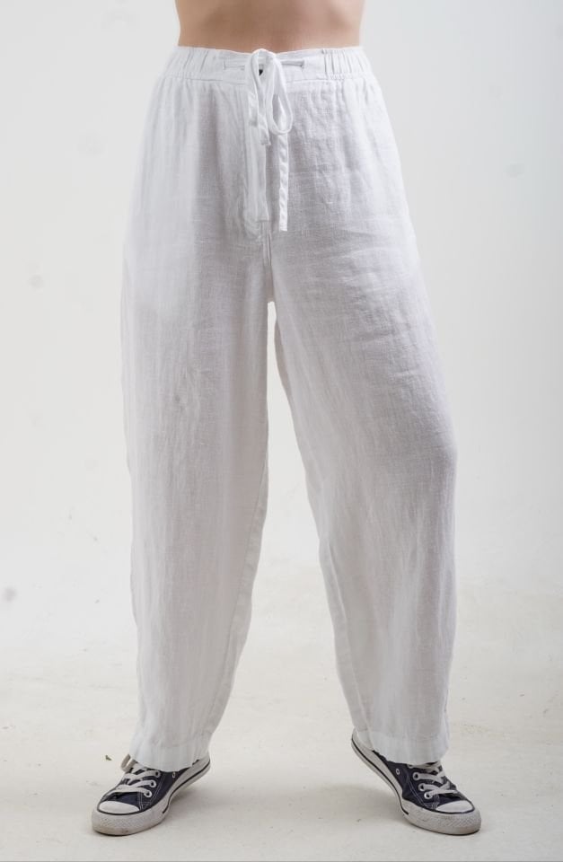 Beyaz Naturel Keten Beli Bağcıklı Pantolon