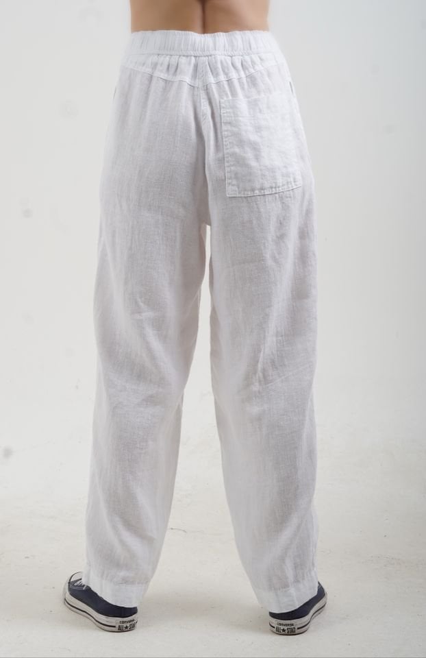 Beyaz Naturel Keten Beli Bağcıklı Pantolon
