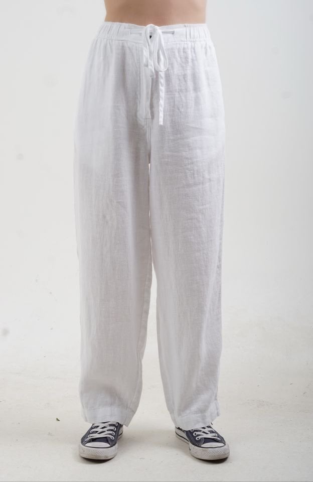 Beyaz Naturel Keten Beli Bağcıklı Pantolon