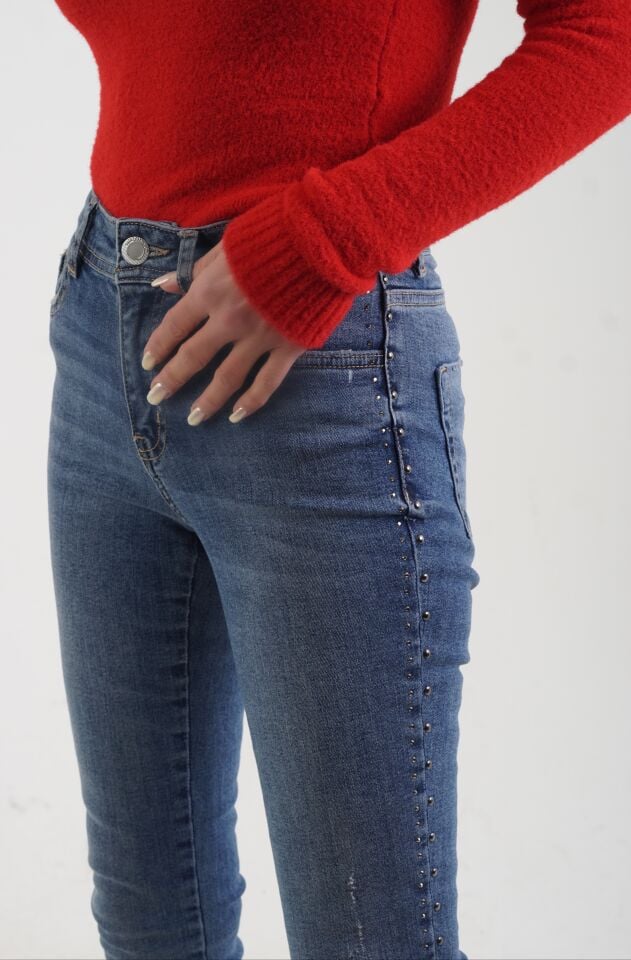 Yanı Parlak Taşlı Jean Pantolon