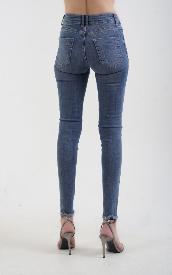 Yanı Parlak Taşlı Jean Pantolon