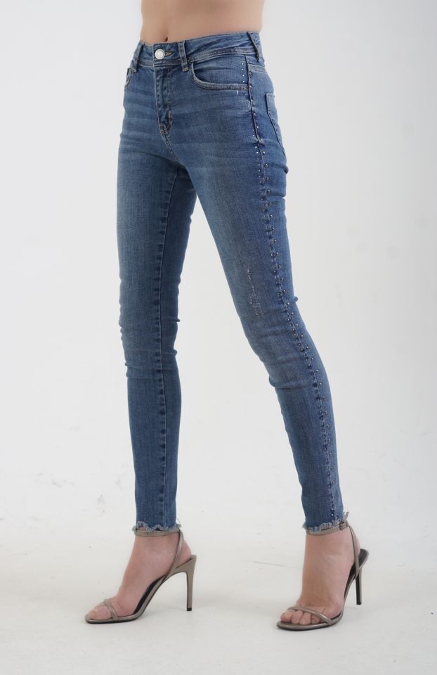 Yanı Parlak Taşlı Jean Pantolon