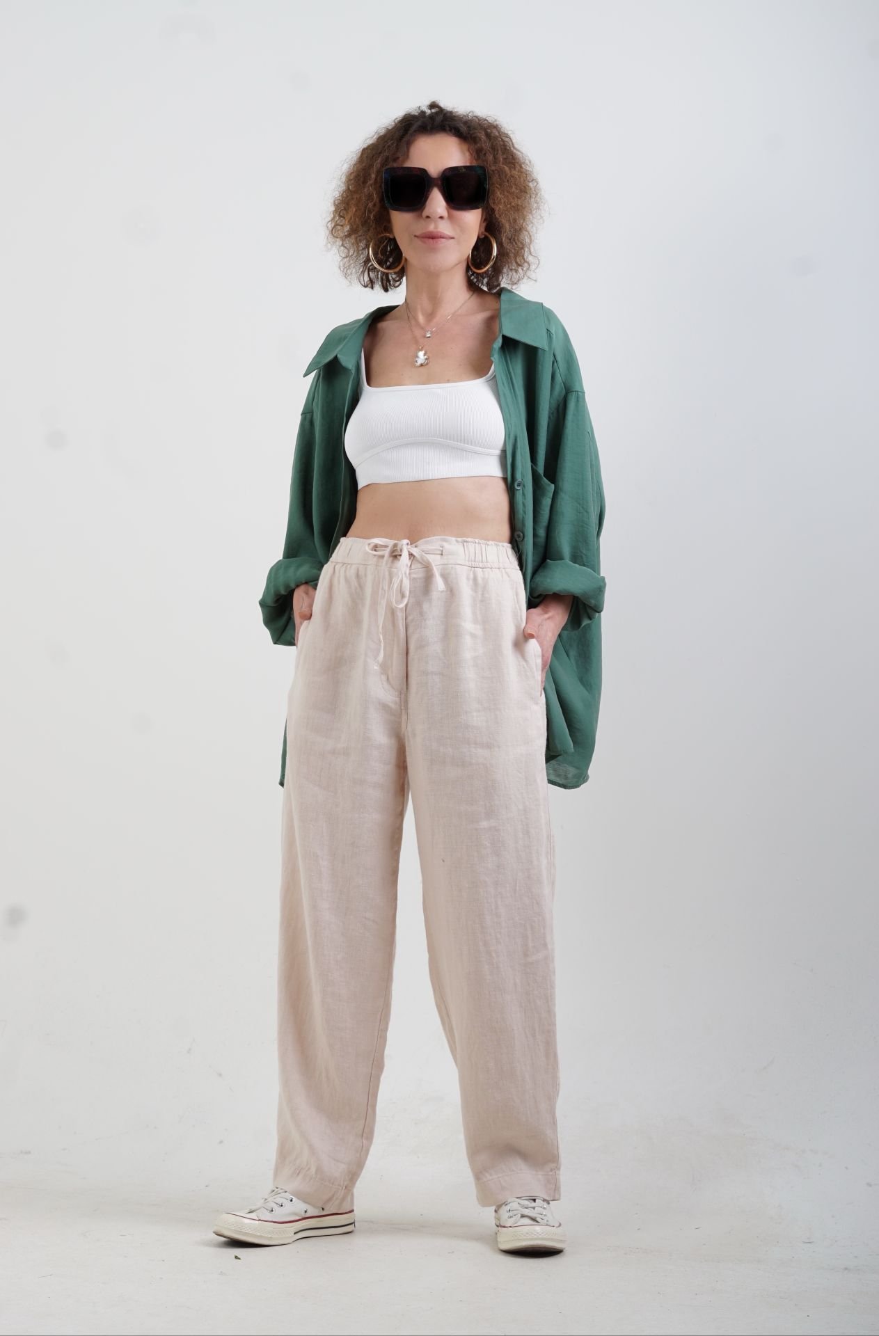Bej Naturel Keten Beli Bağcıklı Pantolon