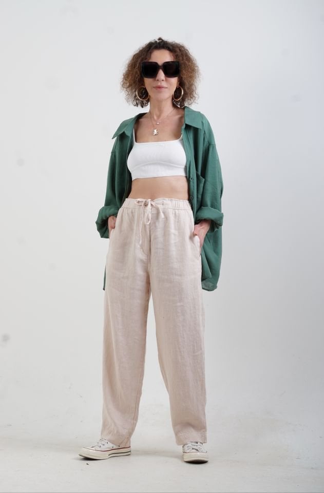 Bej Naturel Keten Beli Bağcıklı Pantolon