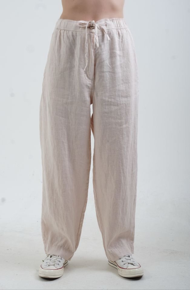 Bej Naturel Keten Beli Bağcıklı Pantolon