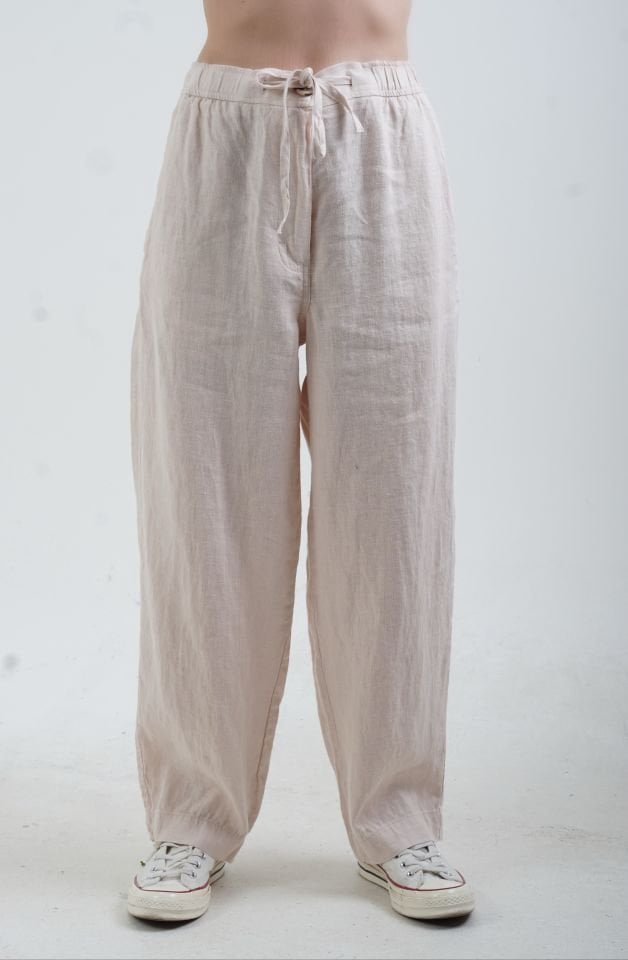 Bej Naturel Keten Beli Bağcıklı Pantolon
