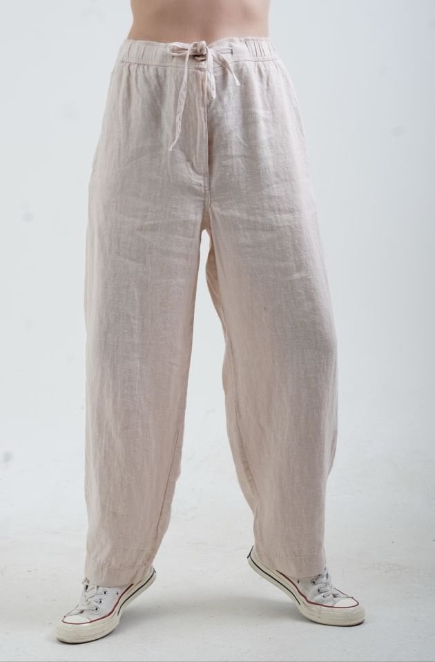Bej Naturel Keten Beli Bağcıklı Pantolon
