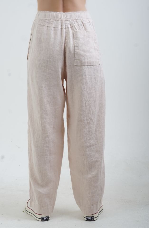 Bej Naturel Keten Beli Bağcıklı Pantolon