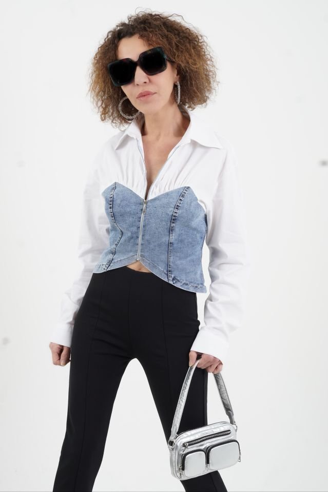 Beyaz Denim Büstiyer Detaylı Fermuarlı Gömlek