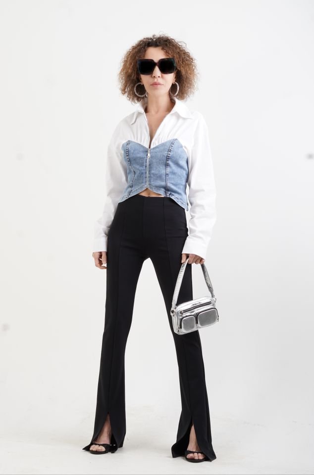 Beyaz Denim Büstiyer Detaylı Fermuarlı Gömlek