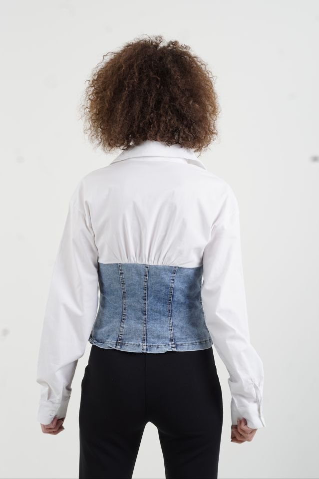 Beyaz Denim Büstiyer Detaylı Fermuarlı Gömlek